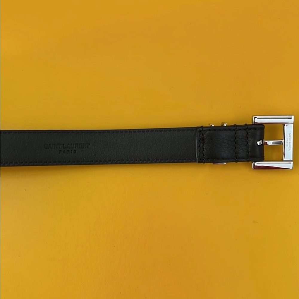 YSL Saint Laurent Thin Belt Square Buckle Smooth Leather Black Silver 75 X-small - Picture 5 of 7